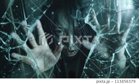 ゾンビメイクをした女性が割れた窓ガラスの間から迫ってくる ゾンビメイクをした女性が割れた窓ガラスの間から迫ってくる 113856379