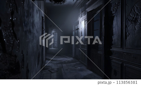 真っ暗闇の中不気味な様子の廃墟の廊下 113856381