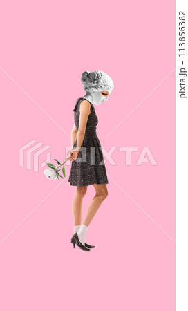 Young woman with antique state head, sad face, holding flower. Contemporary art collage. Story of love, loss, and enduring power of memory 113856382