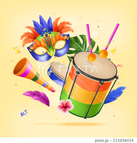 Realistic brazilian carnival composition background with musical instruments and carnival mask 113856414