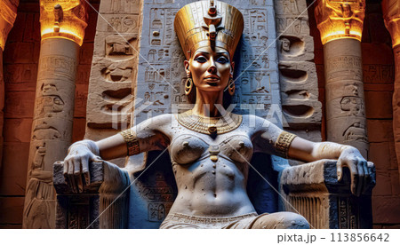 The beautiful Egyptian goddess-pharaoh Hatshepsut sits on a golden throne in the Dendera temple 113856642