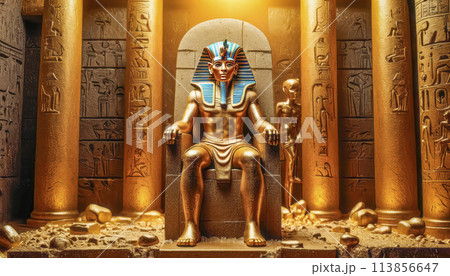 The beautiful Egyptian goddess-pharaoh Tutankhamun sits on a golden throne in the temple of Thebes 113856647