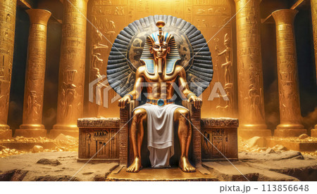 The beautiful Egyptian goddess-pharaoh Tutankhamun sits on a golden throne in the temple of Thebes 113856648