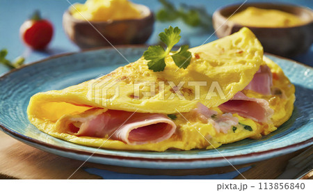 朝食の定番、オムレツ、美味しい料理写真、ヘルシーな朝食　レストランやカフェのメニュー	 113856840