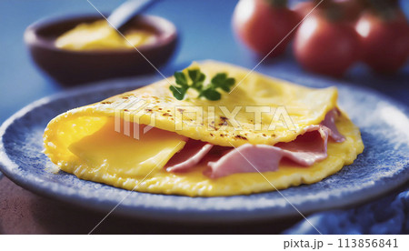 朝食の定番、オムレツ、美味しい料理写真、ヘルシーな朝食　レストランやカフェのメニュー	 113856841