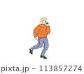 めがねをかけた女性が片手にコーヒーを持って歩いているイラスト 113857274