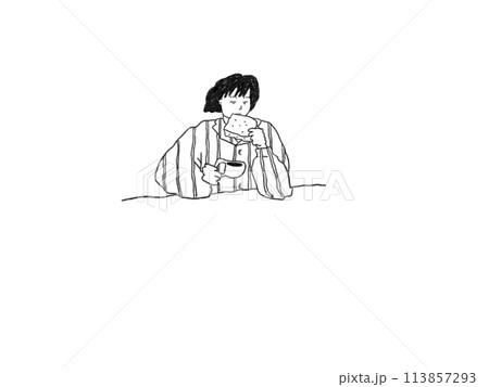 パジャマ姿で朝食にパンを食べる女の子のイラスト 113857293