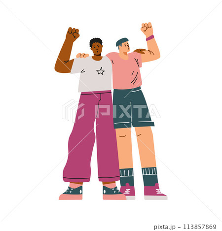 Vector illustration, with male activists advocating for human rights against discrimination on a white background Vector illustration, with male activists advocating for human rights against discrimination on a white background 113857869