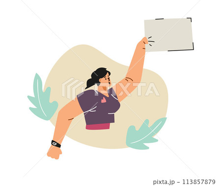 Vector illustration with a young activist holding an empty banner, advocating for social equality and human rights 113857879