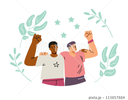 Vector icon with male activists hugged each other and raised their hands in the air with their fists clenched Vector icon with male activists hugged each other and raised their hands in the air with their fists clenched 113857884