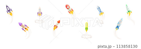 Rocket as Spacecraft with Engine Exhaust Launching and Flying in Space Vector Set 113858130