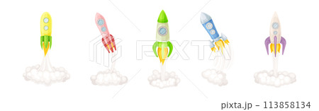 Rocket as Spacecraft with Engine Exhaust Launching and Flying in Space Vector Set 113858134
