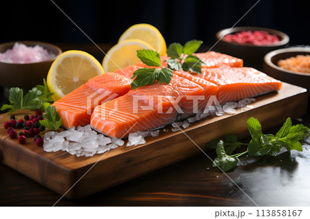 fresh fillet of red fish with herbs and lemon. meat diet. healthy food. 113858167