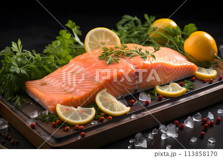 fresh fillet of red fish with herbs and lemon. meat diet. healthy food. 113858170