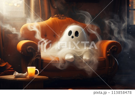 spooky cute little ghost sit on couch on halloween spooky cute little ghost sit on couch on halloween 113858478