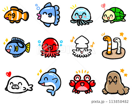 かわいい笑顔の海の生き物のアイコンイラスト素材セット2 113858482