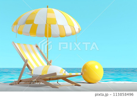 3D vector illustration a beach chair, umbrella and ball, the summer holiday travel. 113858496