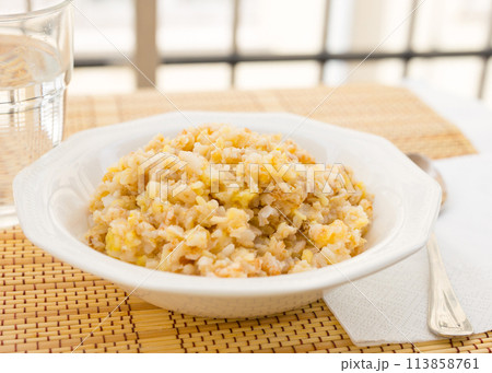 Breakfast from plate with various cereal porridge for breakfast 113858761