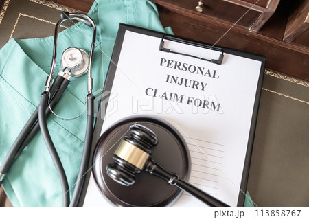 A personal injury claim form on a clipboard, accompanied by a stethoscope and medical scrubs, indicating health-related legal action. 113858767