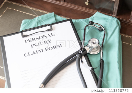 Medical Claim Form with Stethoscope on Doctor's Desk. 113858773