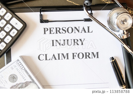 Close-up of a personal injury claim form with a stethoscope, calculator, and cash, indicating healthcare expenses. Close-up of a personal injury claim form with a stethoscope, calculator, and cash, indicating healthcare expenses. 113858788