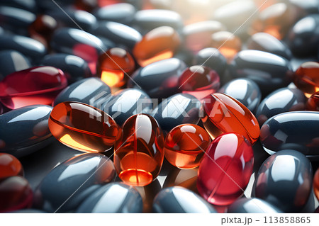 large assortment of different medical capsules with vitamins, antibiotics and medications. pharmacology and medicine 113858865
