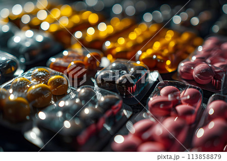 medical capsules with vitamins and medicines in a blister. pharmacology and medicine 113858879