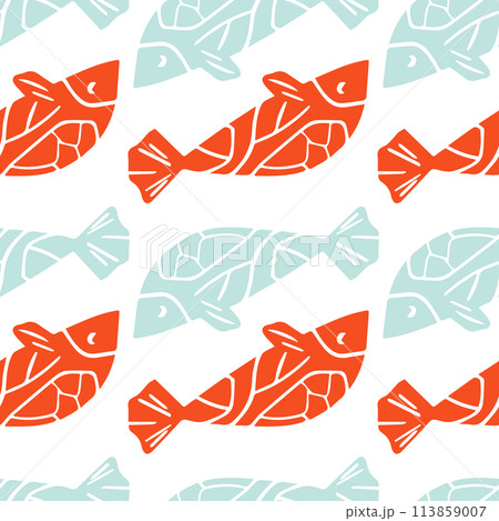 Seamless pattern fishes. Sea pattern with stamp fish. 113859007