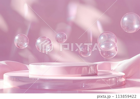 Cylinder empty podiums and floating soap bubbles on pastel pink background. Transparent round blank pedestal place for cosmetics product display. Platform. Scene with geometrical forms glass balls 113859422
