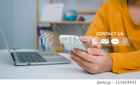 Website page, contact us or email marketing concept, customer support hotline, contact us. Businesswoman sitting and working on computer. Email, phone, address, chat message icon. Website page, contact us or email marketing concept, customer support hotline, contact us. Businesswoman sitting and working on computer. Email, phone, address, chat message icon. 113859451