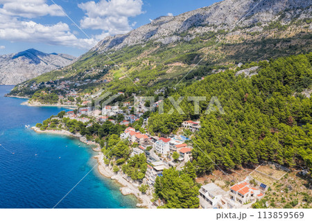 Aerial view of Punta Rata beach with boats and azure sea in Brela, Croatia, Dalmatia, Croatian azure coast 113859569