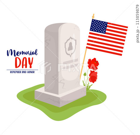 Memorial Day. Grave stone headstone with American flag and red poppy flowers. Veterans Military Cemetery. Vector illustration for design national traditional holidays USA, Independence Day. 113859879