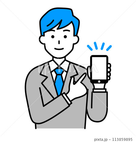 スマートフォンを指差すスーツの男性 113859895