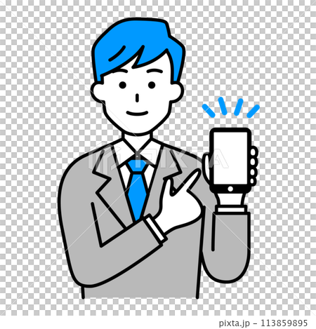 スマートフォンを指差すスーツの男性 113859895