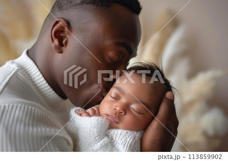 New father holding kissing newborn baby in hands. Closeup portrait of african daddy hugging infant child. Lifestyle together, single dad, father's day holiday. Sleeping baby in dads arm. Childbirth 113859902