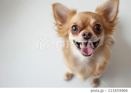 Cute and playful small dog Chihuahua sitting looking up with funny face on white studio background. Portrait of happy puppy having fun with its tongue out. Beautiful cute pup playing close up. Banner 113859966