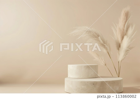 Podium for Cosmetic Product Presentation Show. Abstract Minimal Geometric Sphere. Cylinder Two Form, Soft Shadow. Showcase Display Case Scene Stand. Trendy Grey Color Backdrop, Pampas Grass Dry Reed 113860002