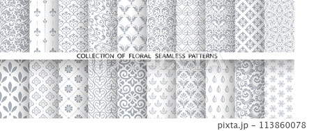 Geometric floral set of seamless patterns. White and gray vector backgrounds. Damask graphic ornaments Geometric floral set of seamless patterns. White and gray vector backgrounds. Damask graphic ornaments 113860078