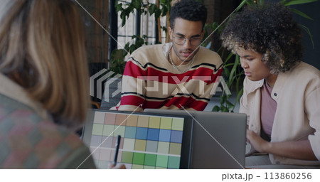 African American businessman talking to female colleague while lady designer working with laptop in creative office. Start-up and coworking concept. 113860256