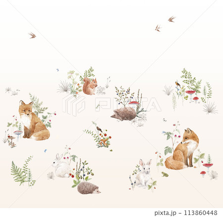 Large size wall mural with hand drawn watercolor forest animals and plants. Stock illustration. Large size wall mural with hand drawn watercolor forest animals and plants. Stock illustration. 113860448