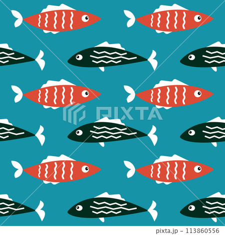 Seamless pattern with red and black tropical fish on blue background vector texture. Textile fabric print. Gift wrapping paper. Backdrop. Repeating tile. Abstract design template. Trendy modern colors 113860556