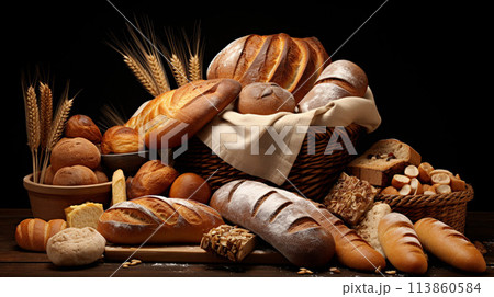 assortment of fresh bread on wooden table 113860584