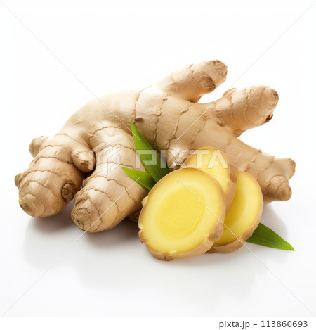 fresh ginger root with slice isolated on white fresh ginger root with slice isolated on white 113860693