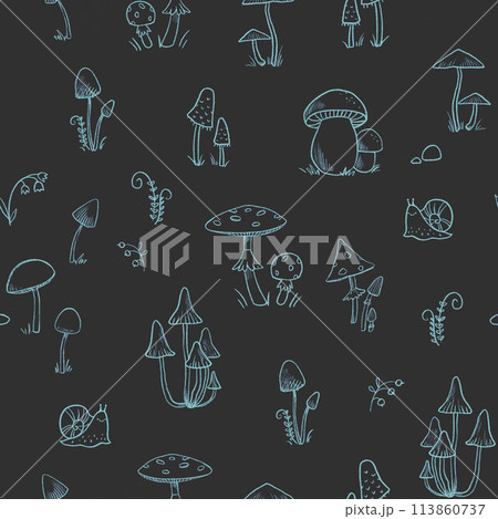 Cute seamless pattern with digital hand drawn abstract forest mushrooms flowers and snails. Kids wallpapers. Nice mushroom pattern. Cute seamless pattern with digital hand drawn abstract forest mushrooms flowers and snails. Kids wallpapers. Nice mushroom pattern. 113860737
