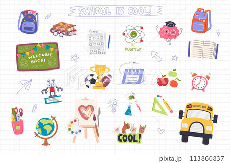 Back to school supplies flat sticker set isolated Back to school supplies flat sticker set isolated 113860837
