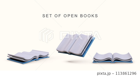 3d realistic set open books on white background. Vector illustration. 113861296