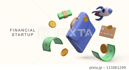 3d realistic Financial startup concept on white background. Vector illustration. 3d realistic Financial startup concept on white background. Vector illustration. 113861299