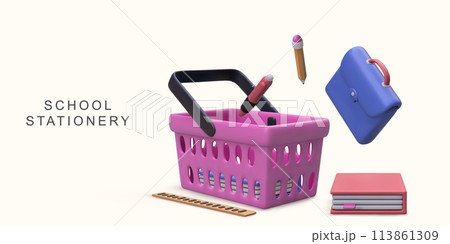 3d realistic fair of school stationery on white background. Vector illustration. 113861309