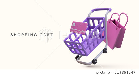 3d realistic shopping cart. Vector illustration. 113861347