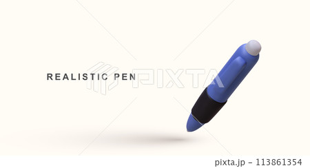 3d realistic blue pen on white background. Vector illustration. 3d realistic blue pen on white background. Vector illustration. 113861354